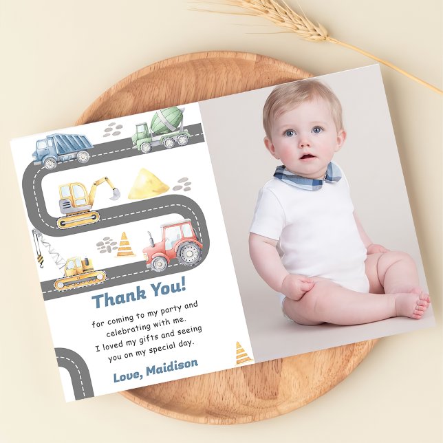 Construction Truck Birthday Photo Thank You Card (Creator Uploaded)