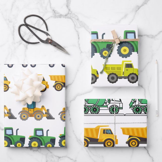Construction Truck Birthday Wrapping Paper Sheets (Front)