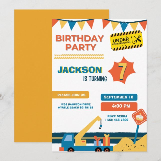   Construction Truck Boys Birthday Party Invitation (Front/Back)