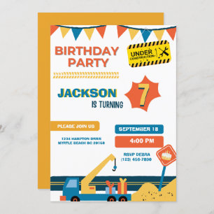   Construction Truck Boys Birthday Party Invitation