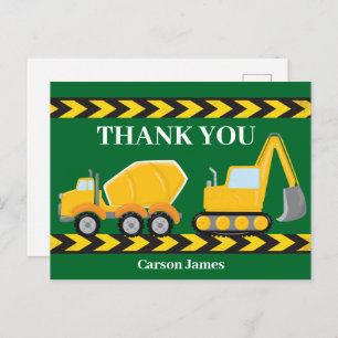 Construction Truck Boys Birthday Party Thank You Postcard
