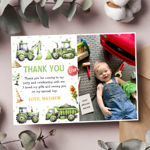 Construction Truck Digger Birthday Photo Thank You Card