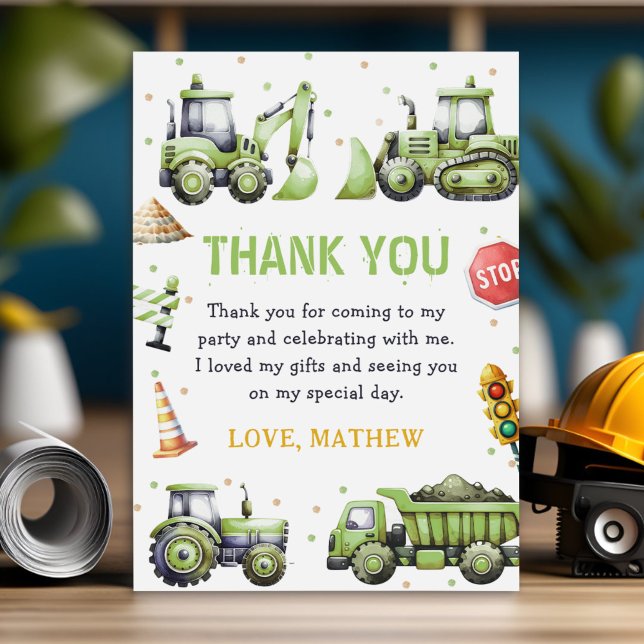 Construction Truck Digger Birthday Thank You Card (Creator Uploaded)