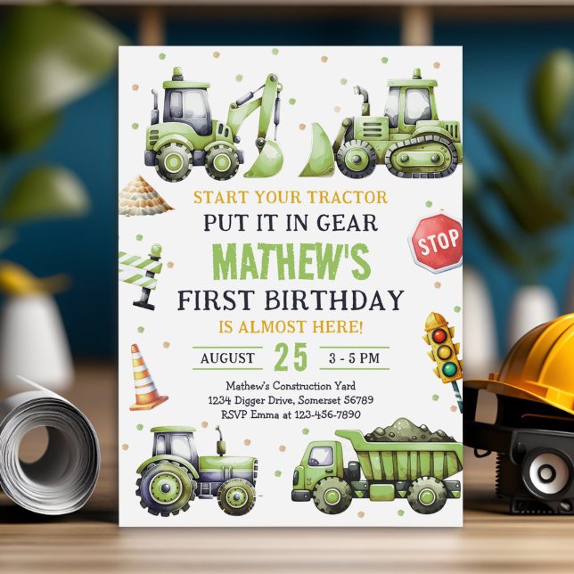 Construction Truck Digger First Birthday Invitation (Creator Uploaded)