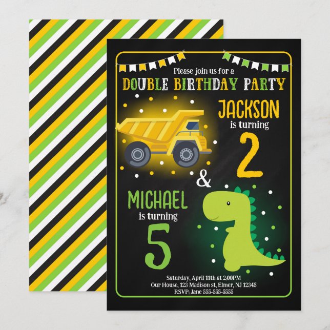 Construction Truck Dinosaur Sibling Joint Birthday Invitation (Front/Back)