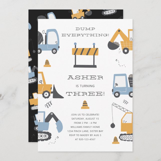 Construction Truck Dump Everything Birthday Party Invitation (Front/Back)