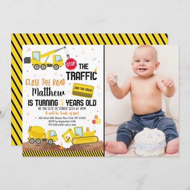 Construction Truck Dump Truck Digger Birthday Invitation (Front/Back)