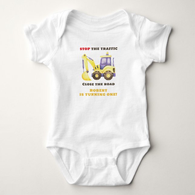 Construction Truck Excavator Birthday Party Baby Bodysuit (Front)