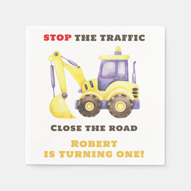 Construction Truck Excavator Birthday Party Napkin (Front)