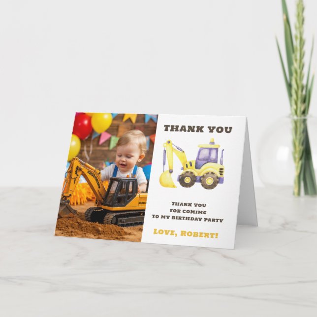 Construction Truck Excavator Birthday Party Thank You Card (Front)