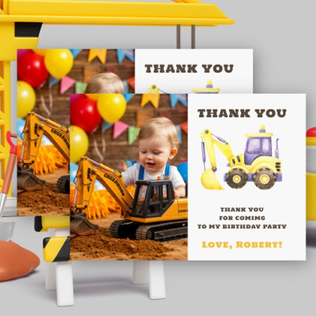 Construction Truck Excavator Birthday Party Thank You Card (Creator Uploaded)