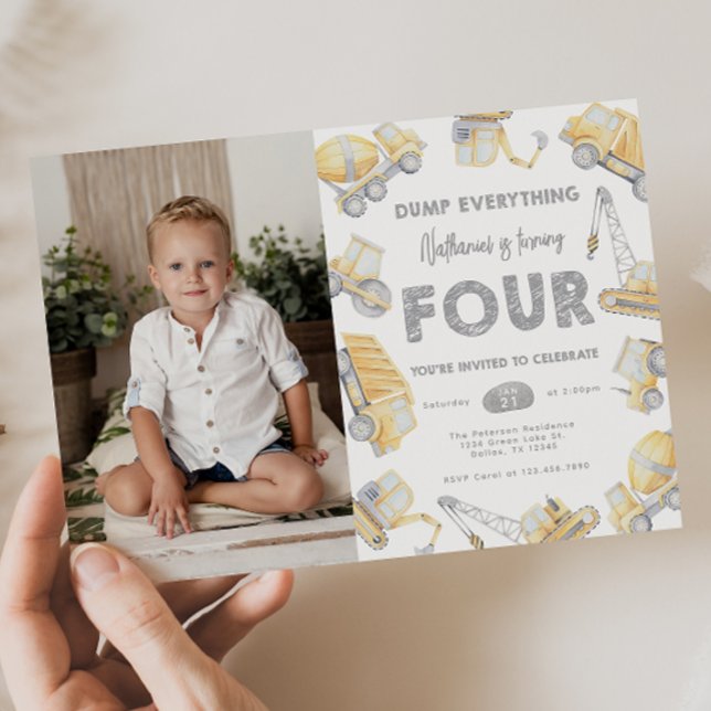 Construction Truck FOUR 4th Birthday Party Invitation (Creator Uploaded)