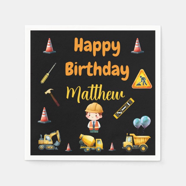 Construction truck kids birthday napkins (Front)