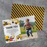 Construction Truck Kids Birthday Photo Thank You Card<br><div class="desc">Construction themed birthday thank you cards featuring a simple white background,  a photo of the child,  cute cartoon illustrations of bunting,  stop signs,  a dump truck,  a digger,  a cement truck,  a wrecking ball crane,  splatters of dirt,  and a modern thank you template that is easy to personalise.</div>