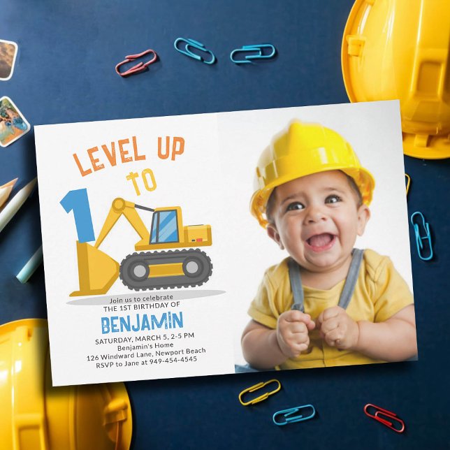 Construction Truck Level Up Photo Boy 1st Birthday Invitation (photo construction invitation 1st birthday first one boys bulldozer vehicle truck theme personalized)
