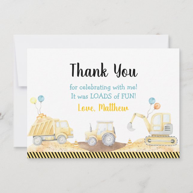 Construction Truck Loads Of Fun Birthday Thank You Card (Front)