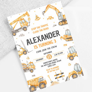 Construction Truck Orange Yellow Birthday Invitation