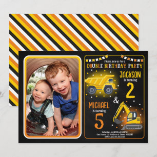 Construction Truck Siblings Joint Birthday Photo Invitation