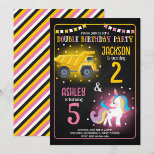 Construction Truck Unicorn Siblings Joint Birthday Invitation