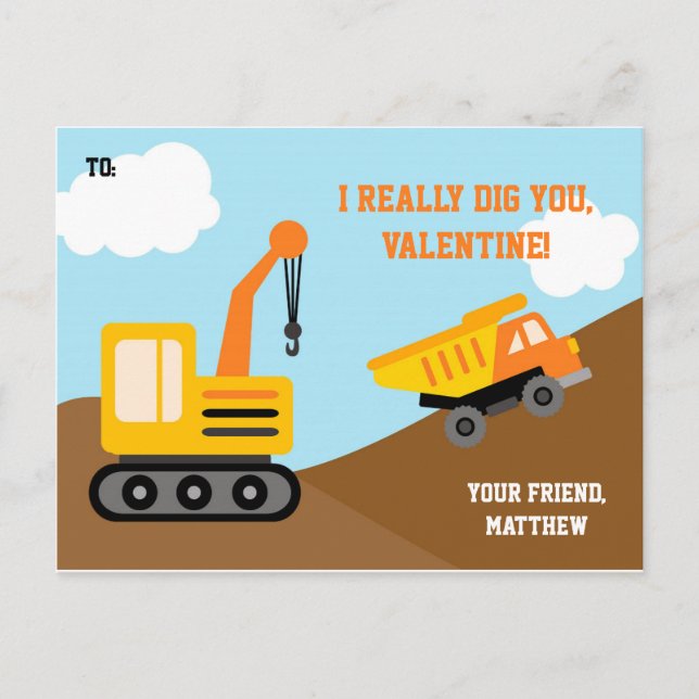 Construction Truck Valentines Day Card Kids (Boys) (Front)