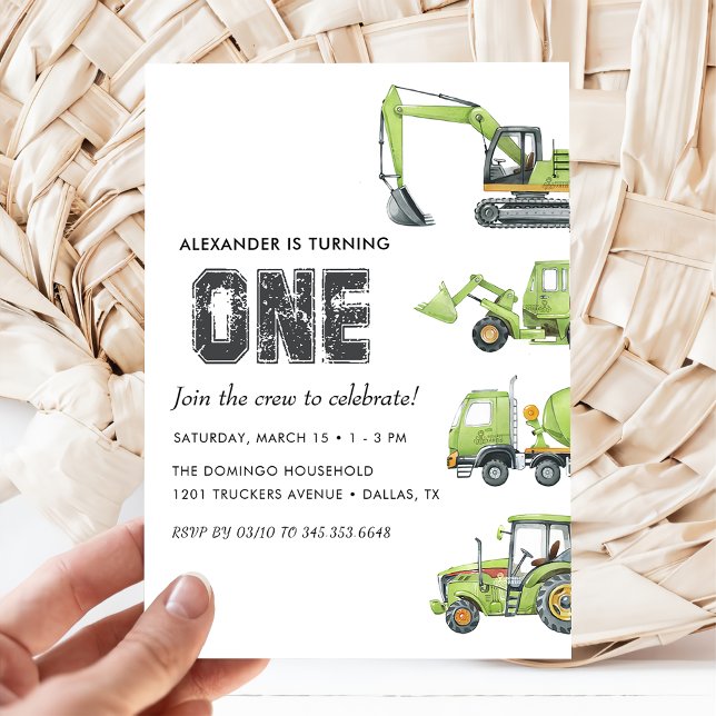 Construction Truck Vehicles Boys 1st Birthday  Invitation (Creator Uploaded)