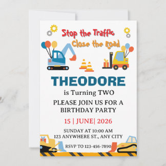 Construction Truck Vehicles Boys 2nd Birthday Invitation