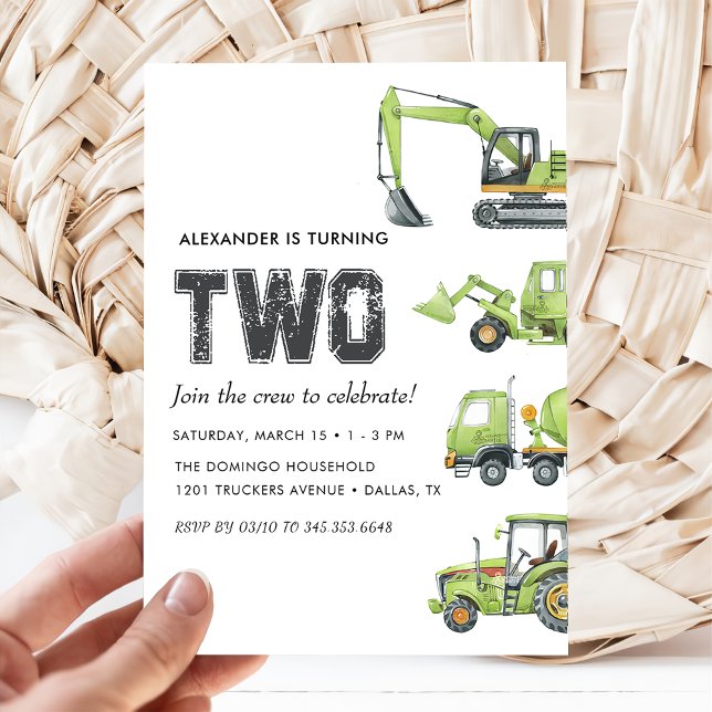 Construction Truck Vehicles Boys 2nd Birthday  Invitation (Creator Uploaded)