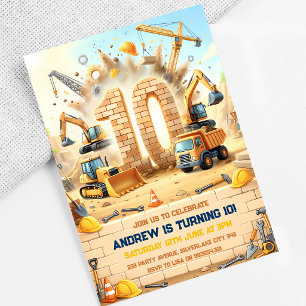 Construction Trucks 10th Birthday Invitation