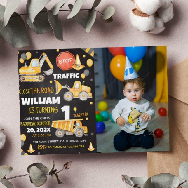 Construction Trucks 1st Birthday Invitation (Creator Uploaded)