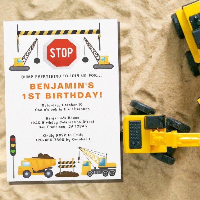Construction Trucks 1st Birthday Party Invitation (Creator Uploaded)