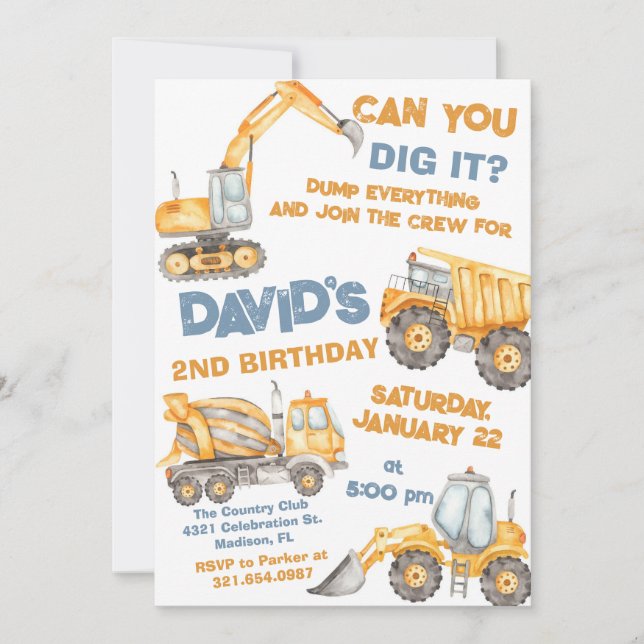 Construction Trucks 2nd Birthday Party Invitation (Front)
