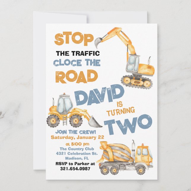 Construction Trucks 2nd Birthday Party Invitation (Front)