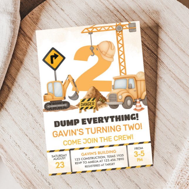 Construction Trucks 2nd Birthday Party Invitation (Construction Trucks 2nd Birthday Party Invitation)