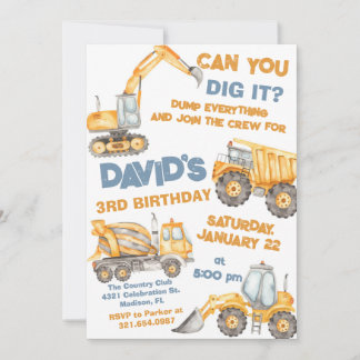 Construction Trucks 3rd Birthday Party Invitation