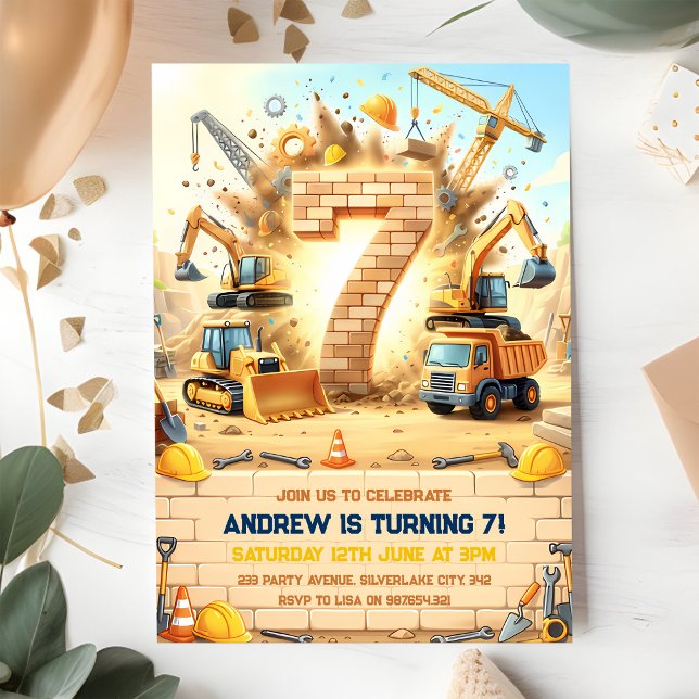 Construction Trucks 7th Birthday Invitation (Creator Uploaded)