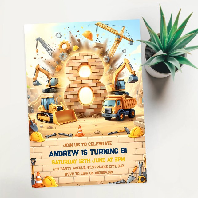 Construction Trucks 8th Birthday Invitation (Creator Uploaded)
