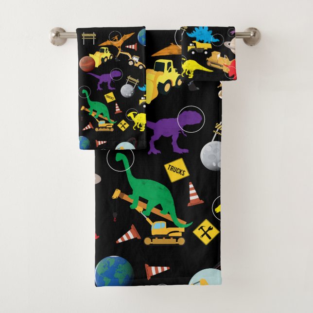 Construction Trucks Astronaut Dinosaurs in Space Bath Towel Set (Insitu)
