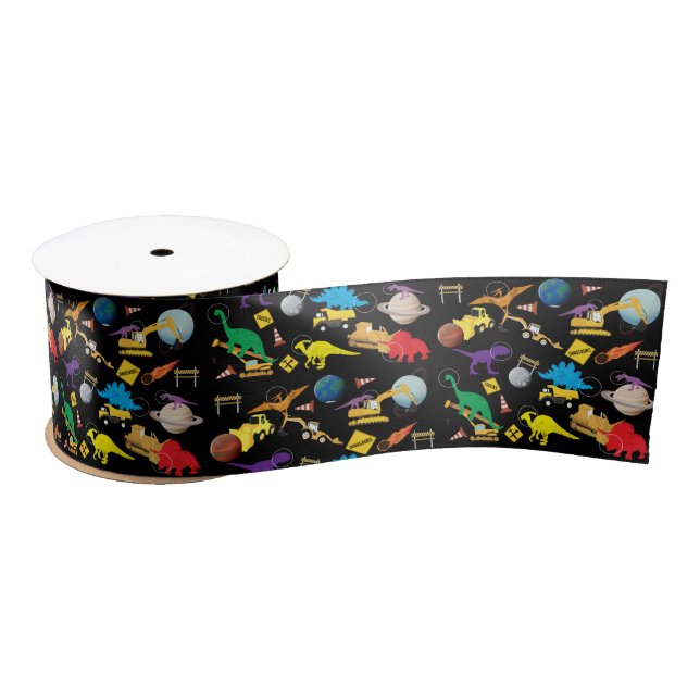 Construction Trucks Astronaut Dinosaurs in Space Satin Ribbon (Spool)