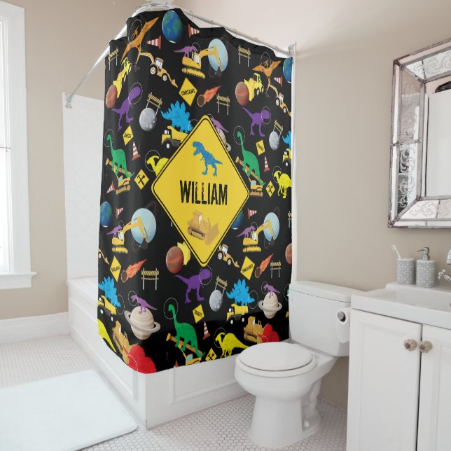 Construction Trucks Astronaut Dinosaurs in Space Shower Curtain (In Situ)