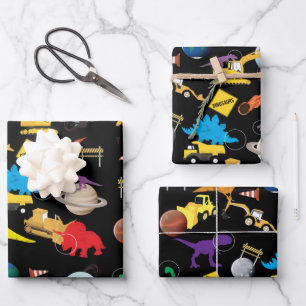 Construction Trucks Astronaut Dinosaurs in Space Wrapping Paper Sheet