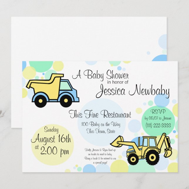 Construction Trucks Baby Shower Invitation (Front/Back)