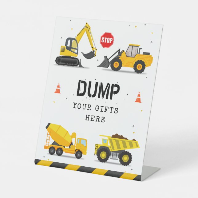 Construction Trucks Birthday Dump Your Gifts Here Pedestal Sign (Front)