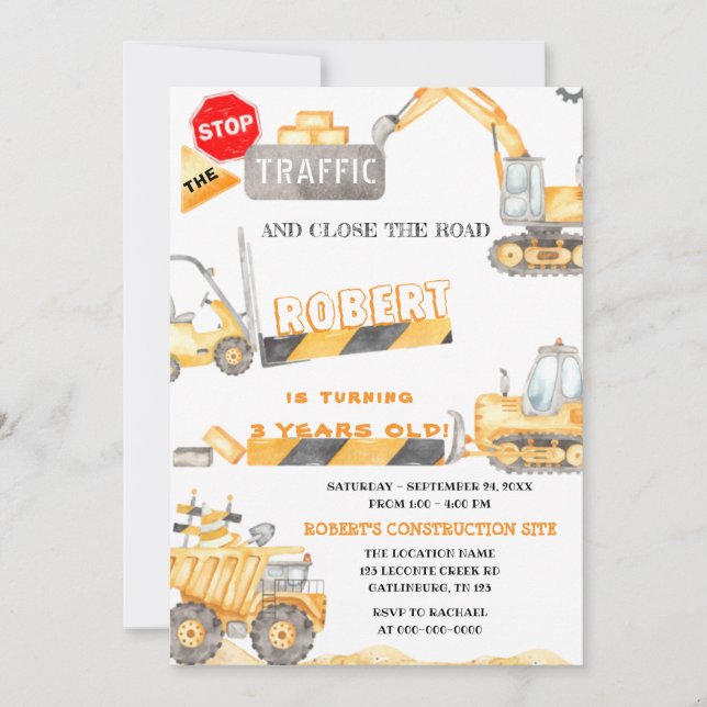 Construction Trucks Birthday Invitation (Front)