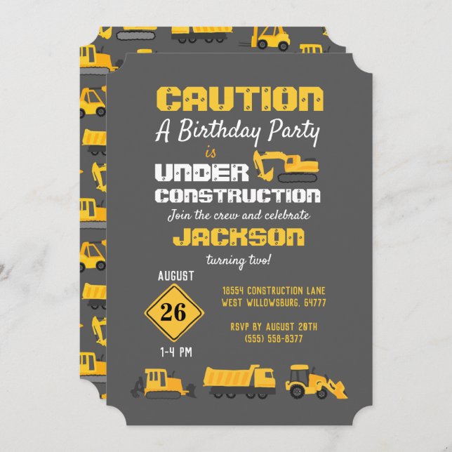 Construction Trucks Birthday Party Grey Invitation (Front/Back)