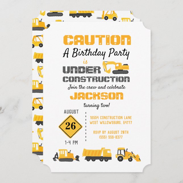 Construction Trucks Birthday Party Invitation (Front/Back)