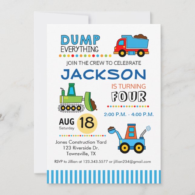 Construction Trucks Birthday Party Invitation (Front)
