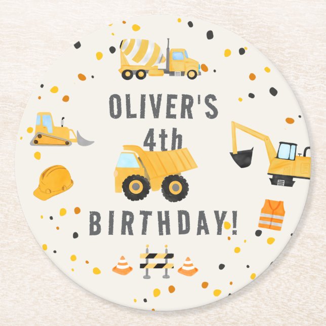 Construction Trucks Birthday Party Round Paper Coaster (Front)