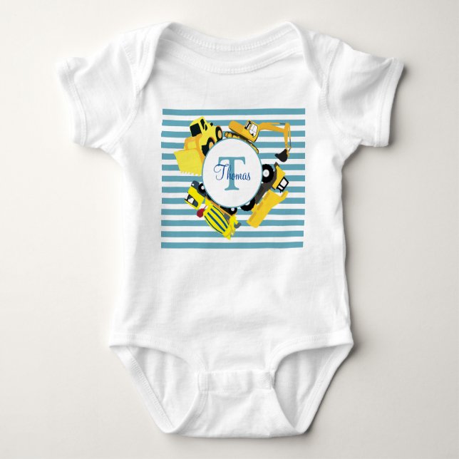 Construction Trucks Blue Stripes Monogram Baby Bodysuit (Front)