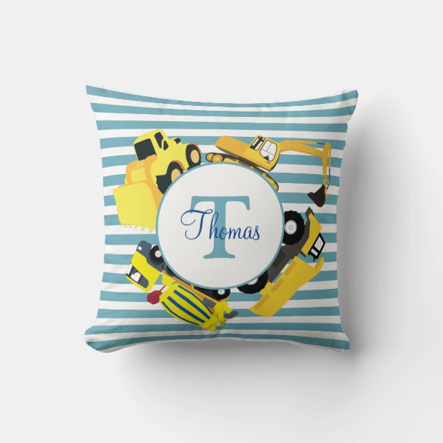 Construction Trucks Blue Stripes Monogram Cushion (Front)