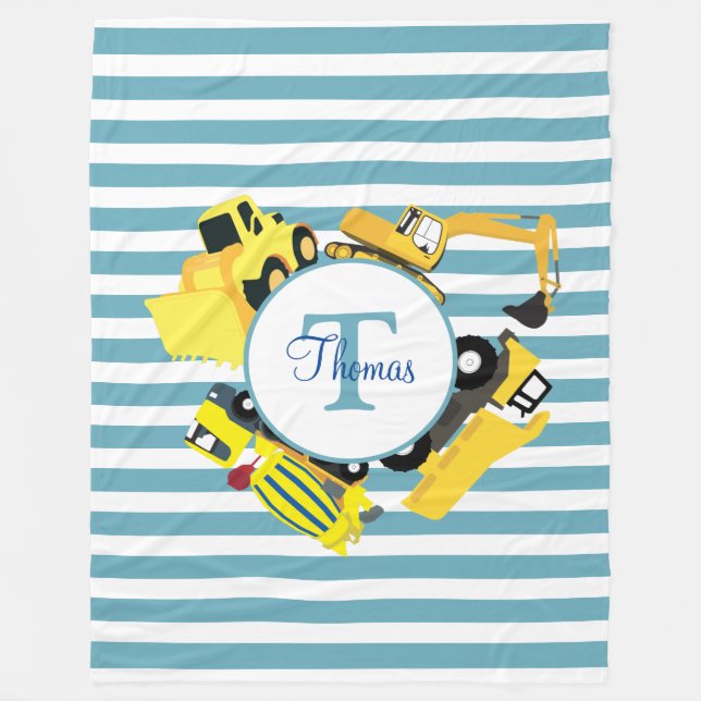 Construction Trucks Blue Stripes Monogram Fleece Blanket (Front)